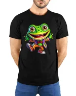 Happy Dancing Frog In Colorful Suit Cartoon Graphic T Shirt - model wearing black tee with hands behind back