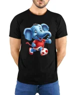 Cute Soccer Elephant Playing Football Cartoon Graphic T Shirt - model wearing black tee with hands behind back