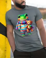 Cute Frog Pajama Buddy Teddy Bear Cartoon Graphic T Shirt - model wearing grey tee, leaning on column