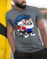 Funny Gymbros Strong Cartoon Mice Bodybuilder Graphic T Shirt - model wearing grey tee, leaning on column