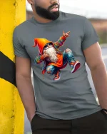 Cool Streetwear Dancing Gnome Hip Hop Cartoon Graphic T Shirt - model wearing grey tee, leaning on column