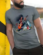 Vintage Rock Guitarist Cartoon Graphic T Shirt With Classic Style - model wearing grey tee, leaning on column