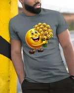Happy Smiley Face Bouquet Cartoon Graphic T Shirt Cute Fun Style - model wearing grey tee, leaning on column