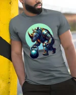 Strong Rhino Weightlifting Cartoon Graphic T Shirt Gym Beast Style - model wearing grey tee, leaning on column