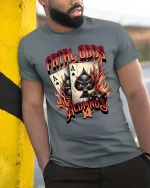 Fatal Odds Skull Ace Playing Cards Dice Casino Graphic T Shirt - model wearing grey tee, leaning on column