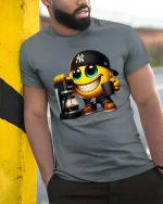 Funny Coffee Lover Smiley Barista Cartoon Graphic T Shirt - model wearing grey tee, leaning on column