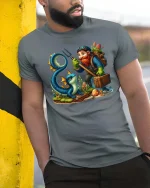 Fantasy Adventurer Gnome And Mystic Sea Dragon Cartoon T Shirt - model wearing grey tee, leaning on column