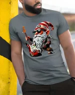 Rockstar Gnome Electric Guitar Cartoon Graphic T Shirt Cool Style - model wearing grey tee, leaning on column