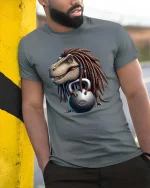 Funny Dreadlock Dinosaur Lifting Kettlebell Cartoon T Shirt - model wearing grey tee, leaning on column