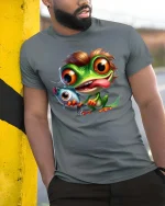 Funny Fishing Frog With Big Eyes Cartoon Graphic T Shirt - model wearing grey tee, leaning on column