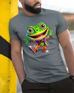 Happy Dancing Frog In Colorful Suit Cartoon Graphic T Shirt - model wearing grey tee, leaning on column