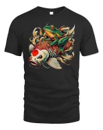 Funny Samurai Frog on Koi Fish Japanese Tattoo Style Tee - black t-shirt on white background