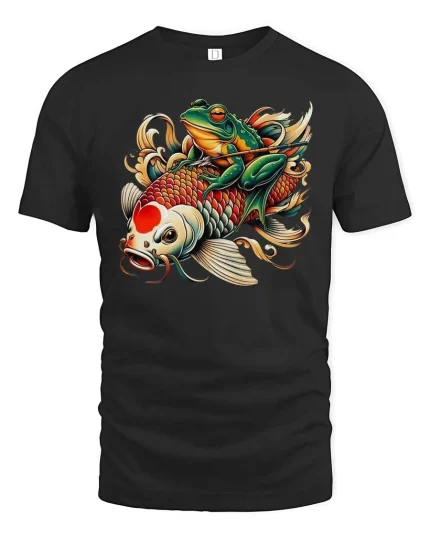 Funny Samurai Frog on Koi Fish Japanese Tattoo Style Tee - black t-shirt on white background