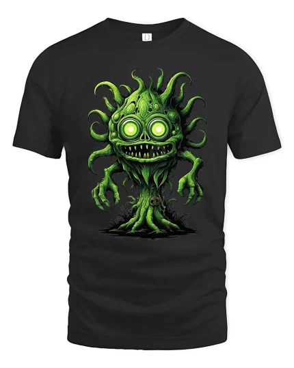 Creepy Green Monster Tree Cartoon Horror Graphic T Shirt - black t-shirt on white background