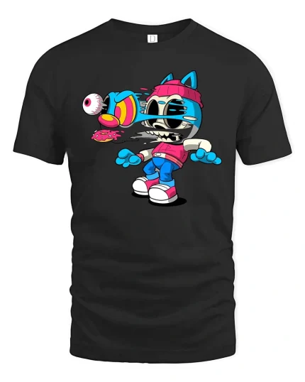 Glitch Cat Skull Cartoon Street Art Weird Graphic T Shirt - black t-shirt on white background