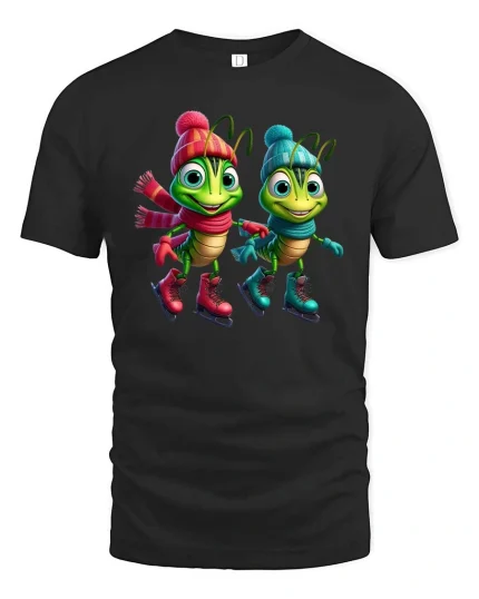 Cute Winter Grasshopper Cartoon Ice Skating Graphic T Shirt - black t-shirt on white background