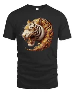 Majestic Golden Tiger Head Ornamental Art Graphic T Shirt - black t-shirt on white background