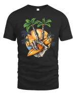 Surfing Skeleton Peace Sign Sunset Beach Graphic T Shirt - black t-shirt on white background