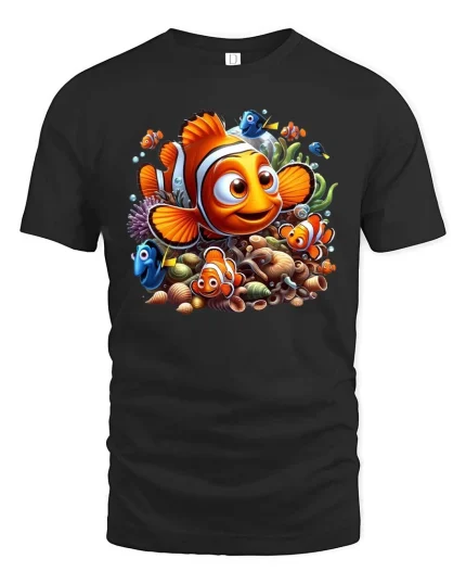 Cute Clownfish Ocean Friends Cartoon Underwater Adventure T Shirt - black t-shirt on white background