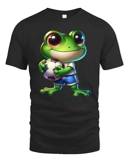 Cute Soccer Frog Cartoon Athlete Funny Sports Graphic T Shirt - black t-shirt on white background