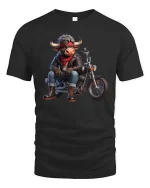 Cool Biker Bull Riding Motorcycle Rebel Cartoon Graphic T Shirt - black t-shirt on white background