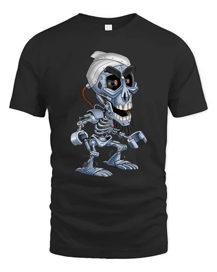 Funny Robot Skull Cartoon Sci Fi Cyborg Graphic T Shirt - black t-shirt on white background