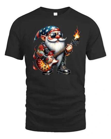 Cool Rock Guitar Gnome Cartoon Music Lover Graphic Tee - black t-shirt on white background