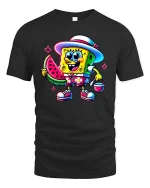 Cute Summer Sponge Cartoon Watermelon Beach Graphic T Shirt - black t-shirt on white background