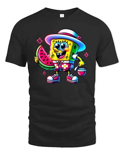 Cute Summer Sponge Cartoon Watermelon Beach Graphic T Shirt - black t-shirt on white background