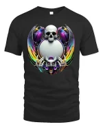 Mystic Skull With Owl and Rainbow Wings Gothic Art T Shirt - black t-shirt on white background