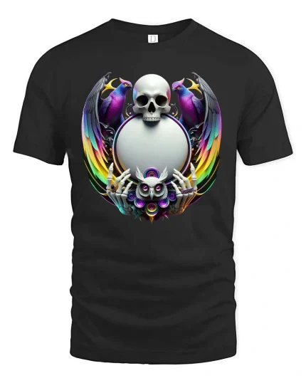Mystic Skull With Owl and Rainbow Wings Gothic Art T Shirt - black t-shirt on white background