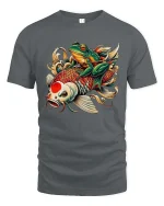 Funny Samurai Frog on Koi Fish Japanese Tattoo Style Tee - gray t-shirt on white background