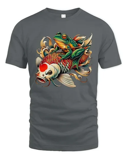 Funny Samurai Frog on Koi Fish Japanese Tattoo Style Tee - gray t-shirt on white background