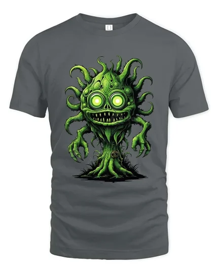 Creepy Green Monster Tree Cartoon Horror Graphic T Shirt - gray t-shirt on white background
