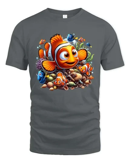 Cute Clownfish Ocean Friends Cartoon Underwater Adventure T Shirt - gray t-shirt on white background