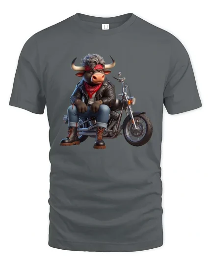 Cool Biker Bull Riding Motorcycle Rebel Cartoon Graphic T Shirt - gray t-shirt on white background