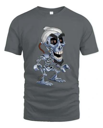 Funny Robot Skull Cartoon Sci Fi Cyborg Graphic T Shirt - gray t-shirt on white background
