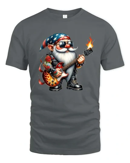 Cool Rock Guitar Gnome Cartoon Music Lover Graphic Tee - gray t-shirt on white background