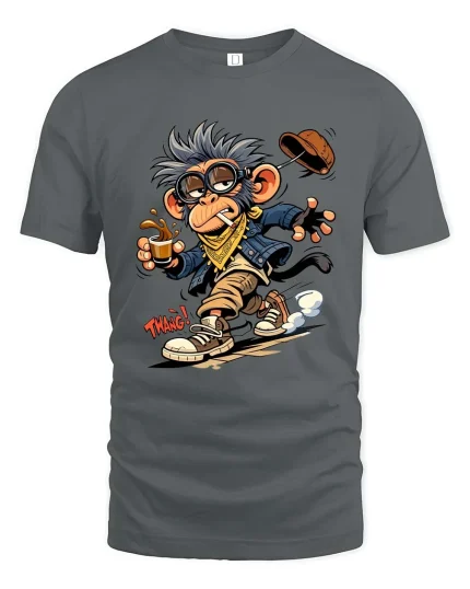 Funny Cool Monkey Drinking Coffee Cartoon Graphic T Shirt - gray t-shirt on white background