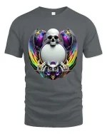 Mystic Skull With Owl and Rainbow Wings Gothic Art T Shirt - gray t-shirt on white background