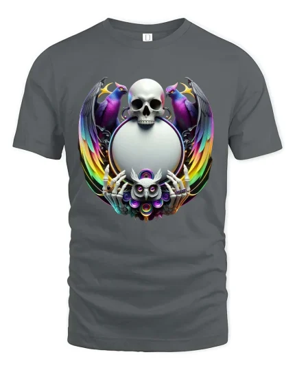 Mystic Skull With Owl and Rainbow Wings Gothic Art T Shirt - gray t-shirt on white background