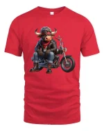 Cool Biker Bull Riding Motorcycle Rebel Cartoon Graphic T Shirt - red t-shirt on white background