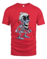 Funny Robot Skull Cartoon Sci Fi Cyborg Graphic T Shirt - red t-shirt on white background