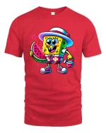 Cute Summer Sponge Cartoon Watermelon Beach Graphic T Shirt - red t-shirt on white background