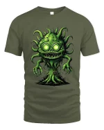 Creepy Green Monster Tree Cartoon Horror Graphic T Shirt - military green t-shirt on white background
