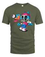 Glitch Cat Skull Cartoon Street Art Weird Graphic T Shirt - military green t-shirt on white background