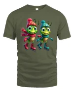 Cute Winter Grasshopper Cartoon Ice Skating Graphic T Shirt - military green t-shirt on white background