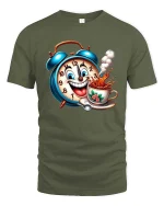 Funny Coffee Alarm Clock Cartoon Morning Lover Graphic T Shirt - military green t-shirt on white background