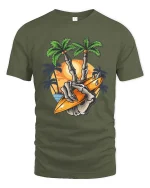 Surfing Skeleton Peace Sign Sunset Beach Graphic T Shirt - military green t-shirt on white background