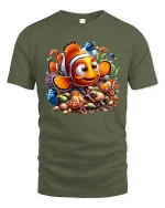 Cute Clownfish Ocean Friends Cartoon Underwater Adventure T Shirt - military green t-shirt on white background